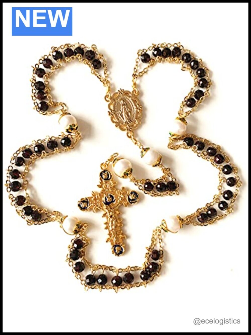 Handmade Gold Ladder to Heaven Garnet Pearl Rosary Crucifix Necklace Box